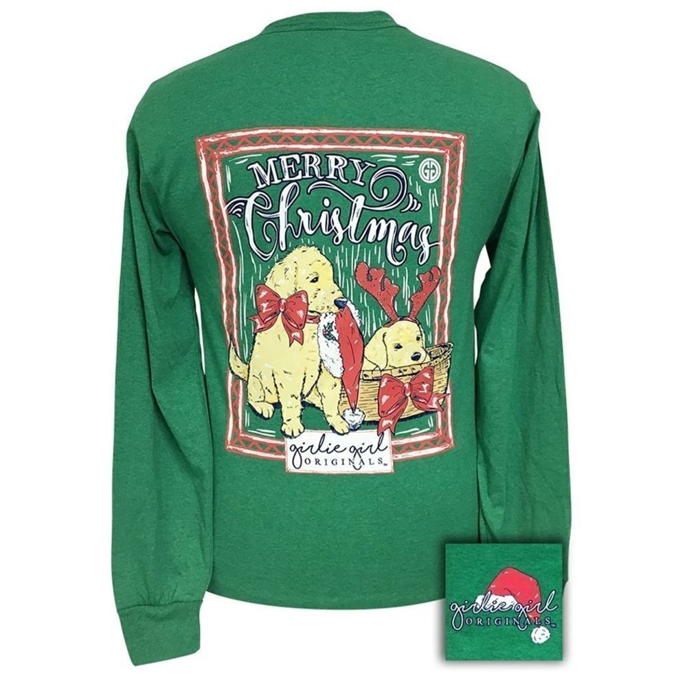 GIRLIE GIRL green t-shirt preppy Christmas dogs long sleeve L